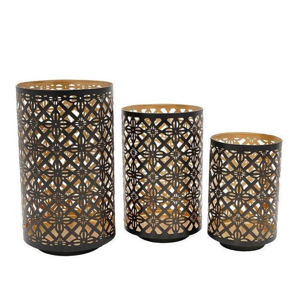 Benzara Set Of 3 Lantern Candle Holders Moroccan Lattice Gold Black Metal Frames - BM286153