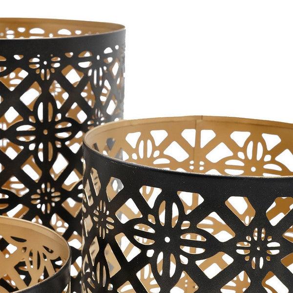 Benzara Set Of 3 Lantern Candle Holders Moroccan Lattice Gold Black Metal Frames - BM286153