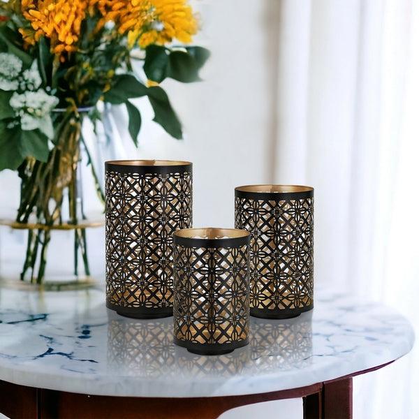 benzara Set of 3 Lantern Candle Holders Moroccan Lattice Gold Black Metal Frames - BM286153
