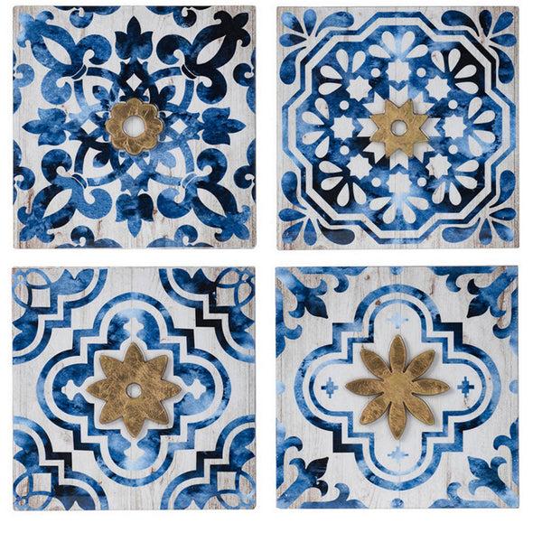 benzara Set of 4 Classic Framed Wall Decor Abstract Tile Design White and Blue - BM302672