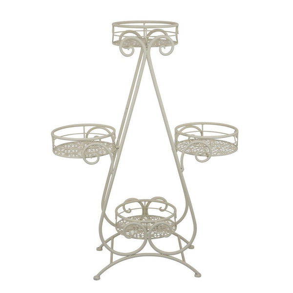 Benzara Shin Plant Stand With 4 Drainable Pots Classic White Metal 33 Inch -BM330118