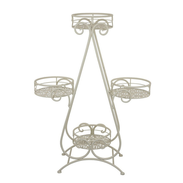 Benzara Shin Plant Stand With 4 Drainable Pots Classic White Metal 33 Inch -BM330118