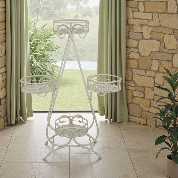 benzara Shin Plant Stand with 4 Drainable Pots Classic White Metal 33 Inch -BM330118