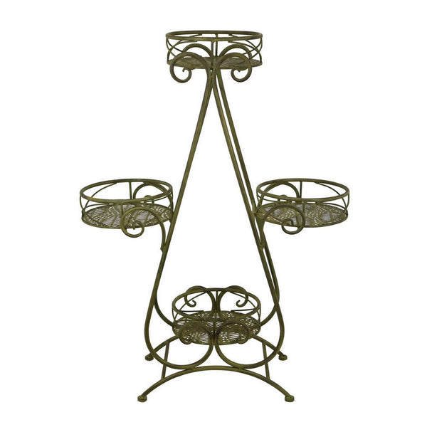 Benzara Shin Plant Stand With 4 Pots And Vintage A Frame Green Metal 33 Inch -BM330107