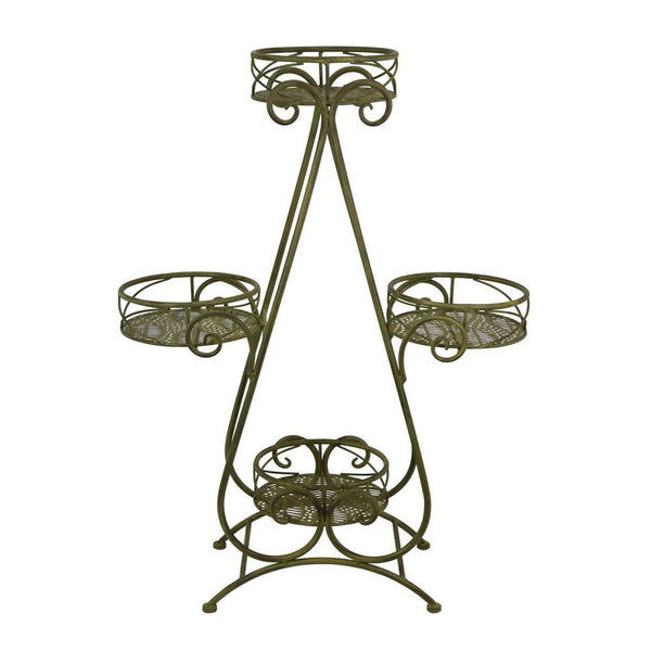 benzara Shin Plant Stand with 4 Pots and Vintage A Frame Green Metal 33 Inch -BM330107