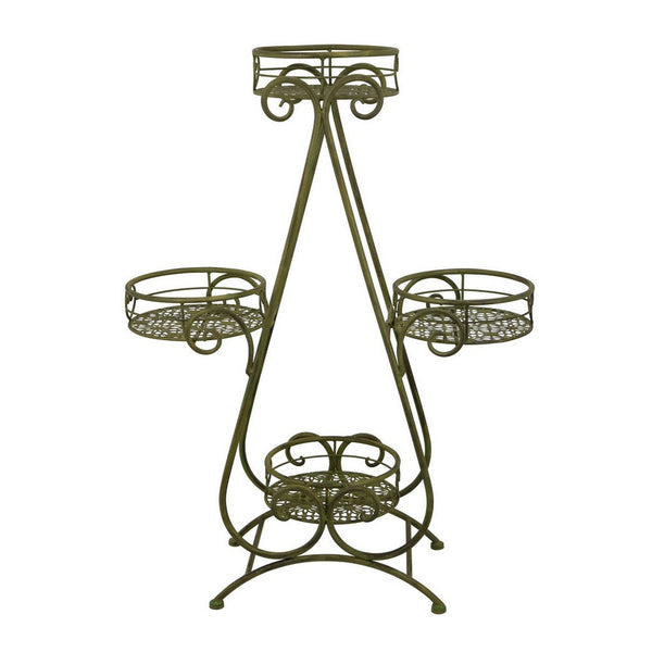 Benzara Shin Plant Stand With 4 Pots Vintage A Frame Dark Green Metal 33 Inch -BM330108