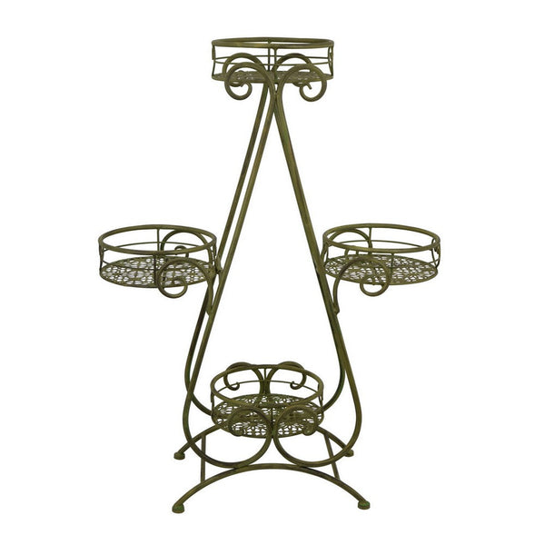 Benzara Shin Plant Stand With 4 Pots Vintage A Frame Dark Green Metal 33 Inch -BM330108