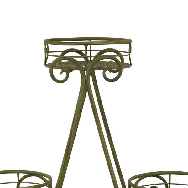 Benzara Shin Plant Stand With 4 Pots Vintage A Frame Dark Green Metal 33 Inch -BM330108