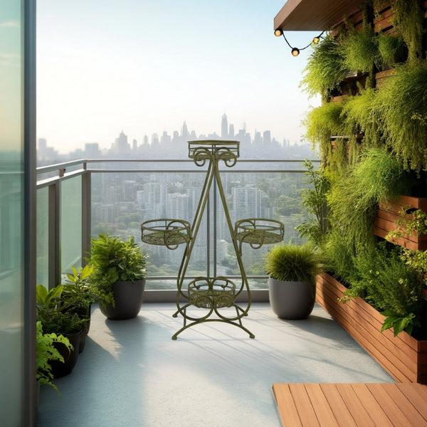 benzara Shin Plant Stand with 4 Pots Vintage A Frame Dark Green Metal 33 Inch -BM330108