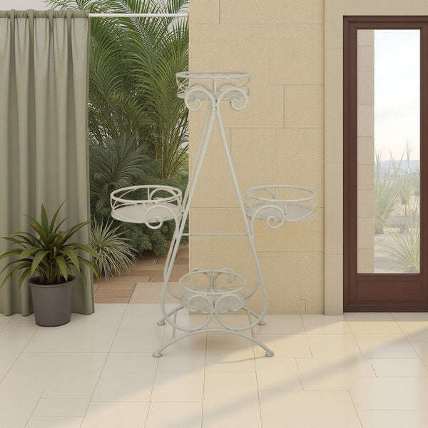 benzara Shin Plant Stand with 4 Solid Pots Classic White Metal Finish 33 Inch -BM330117