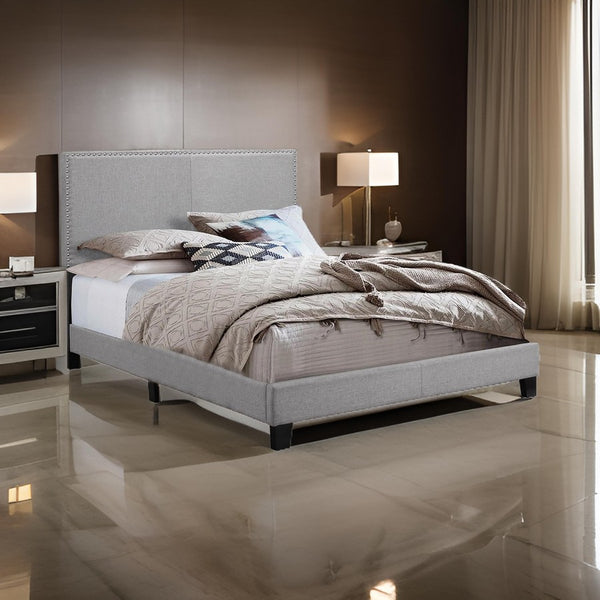 benzara Shirin Queen Size Bed Wood Nailhead Trim Upholstered Headboard Gray - BM311839