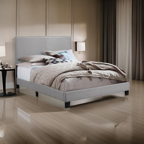 benzara Shirin Twin Size Bed Wood Nailhead Trim Upholstered Headboard Gray - BM311840