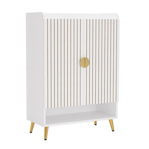 Benzara Shoe Cabinet 2 Doors 6 Tier Shelves Gold Metal White 43 Inch -BM328614
