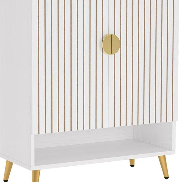 Benzara Shoe Cabinet 2 Doors 6 Tier Shelves Gold Metal White 43 Inch -BM328614