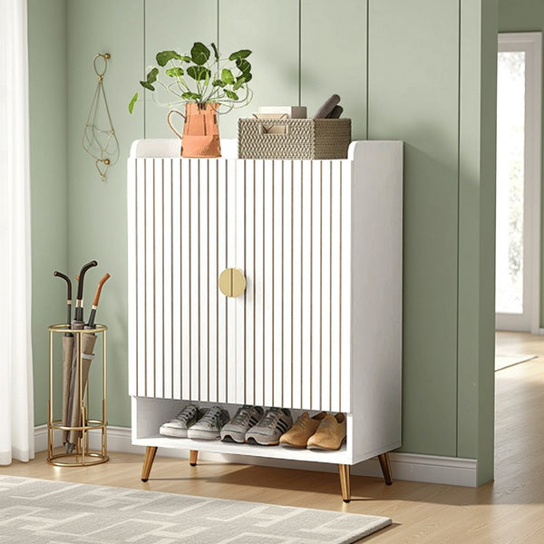 benzara Shoe Cabinet 2 Doors 6 Tier Shelves Gold Metal White 43 Inch -BM328614