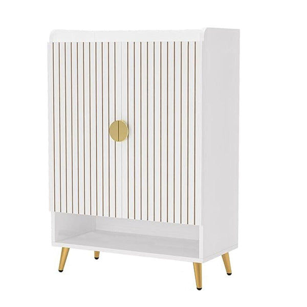 Benzara Shoe Cabinet 43 Inch 7 Tier Shelves Brown Ribbed Doors Gold White -BM328510