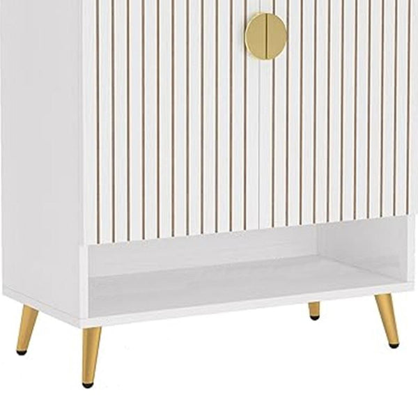 Benzara Shoe Cabinet 43 Inch 7 Tier Shelves Brown Ribbed Doors Gold White -BM328510