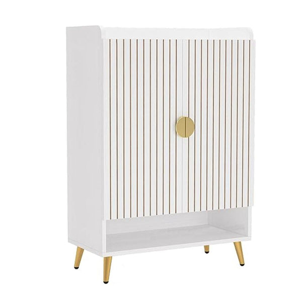 benzara Shoe Cabinet 43 Inch 7 Tier Shelves Brown Ribbed Doors Gold White -BM328510