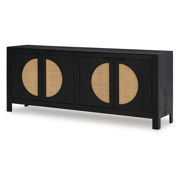 Benzara Sideboard Cabinet Console 4 Doors Woven Cane 70 Inch Black And Brown -BM327870