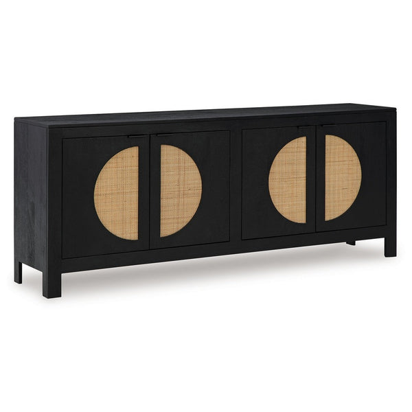 benzara Sideboard Cabinet Console 4 Doors Woven Cane 70 Inch Black and Brown -BM327870