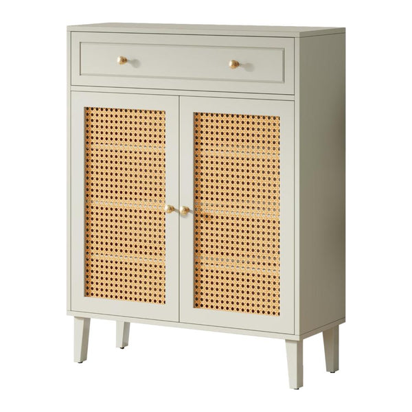 Benzara Sideboard Cabinet Console Drawer 2 Rattan Woven Doors 44 Inch White -BM328378