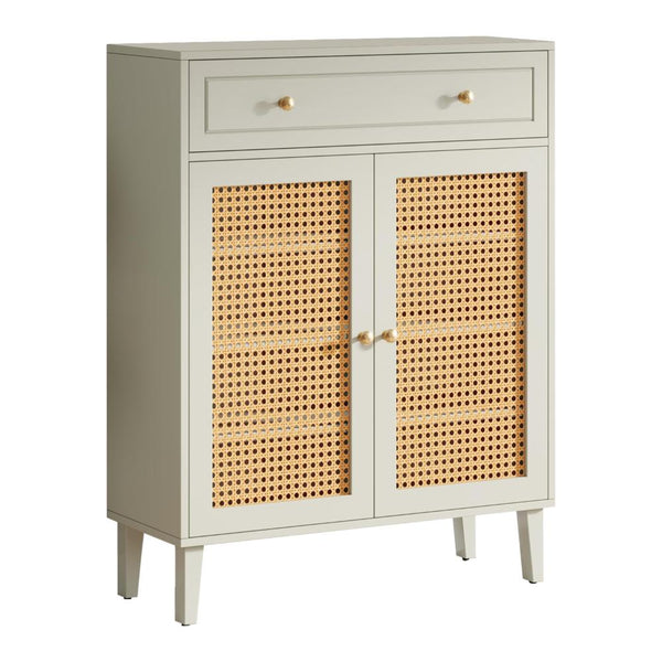 benzara Sideboard Cabinet Console Drawer 2 Rattan Woven Doors 44 Inch White -BM328378