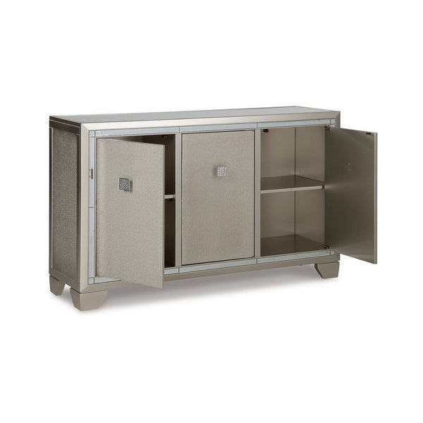 Benzara Sideboard Cabinet Mirrored Top 54 Inch Adjustable Shelves Silver -BM327775