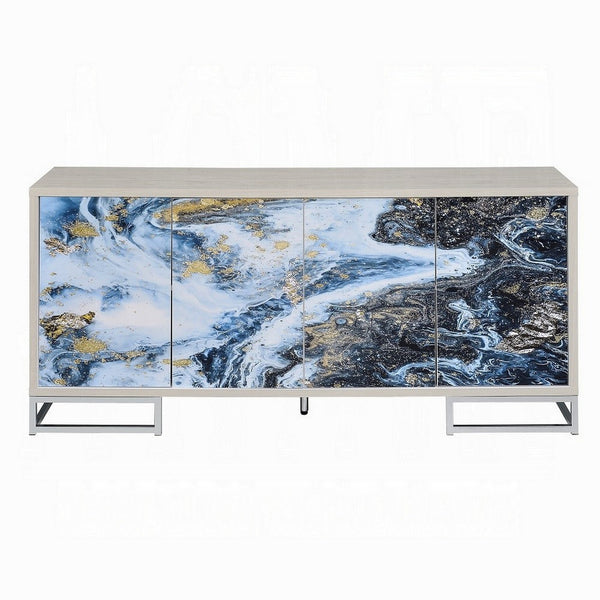 Benzara Sideboard Console Cabinet 4 Door 65 Inch Blue Marble Paint White -BM324702