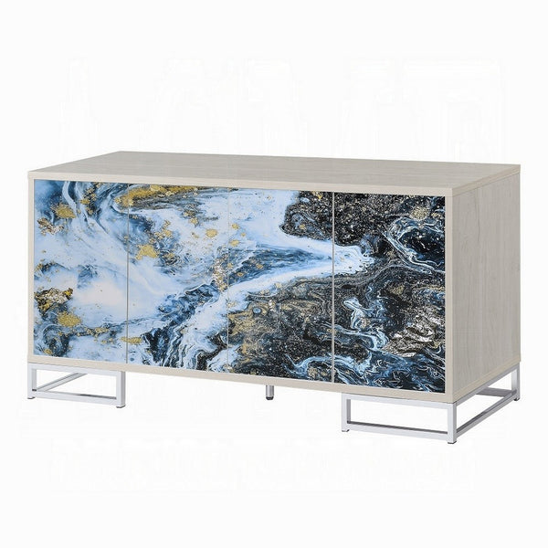Benzara Sideboard Console Cabinet 4 Door 65 Inch Blue Marble Paint White -BM324702