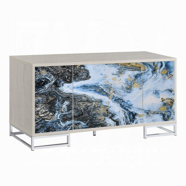 benzara Sideboard Console Cabinet 4 Door 65 Inch Blue Marble Paint White -BM324702
