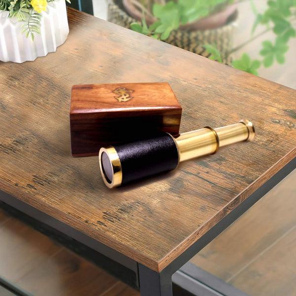 Benzara Small Brass Telescope With Pullout Wooden Box Gold And Brown - BM34758