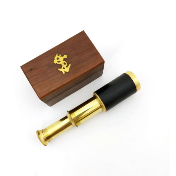 Benzara Small Brass Telescope With Pullout Wooden Box Gold And Brown - BM34758