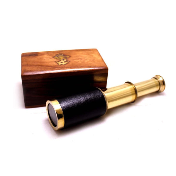 Benzara Small Brass Telescope With Pullout Wooden Box Gold And Brown - BM34758