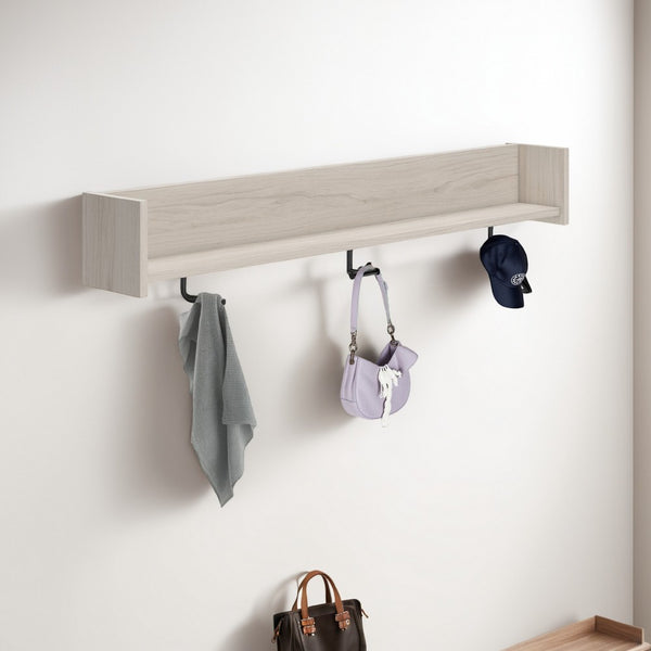 benzara Soca Wall Mounted Coat Rack 3 Hooks and Shelf Light Natural Brown -BM330029
