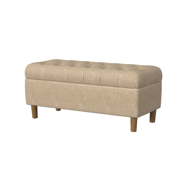 Benzara Sol Storage Bench Ottoman Light Tan Woven Fabric Brown Wood 40 Inch -BM334214