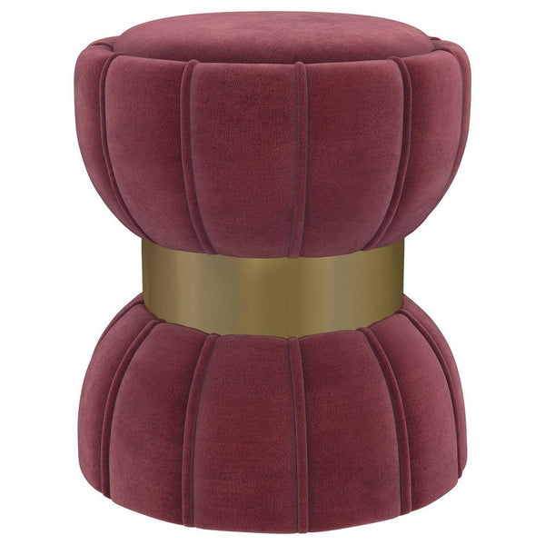 Benzara Soraya Ottoman Tufted Red Wine Fabric Round 17 Inch Gold Metal Band -BM329661