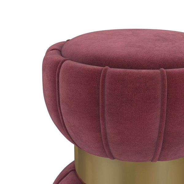 Benzara Soraya Ottoman Tufted Red Wine Fabric Round 17 Inch Gold Metal Band -BM329661