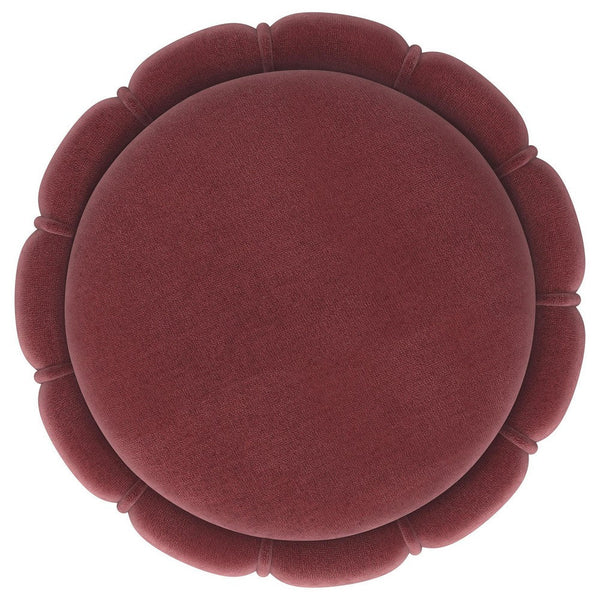 Benzara Soraya Ottoman Tufted Red Wine Fabric Round 17 Inch Gold Metal Band -BM329661