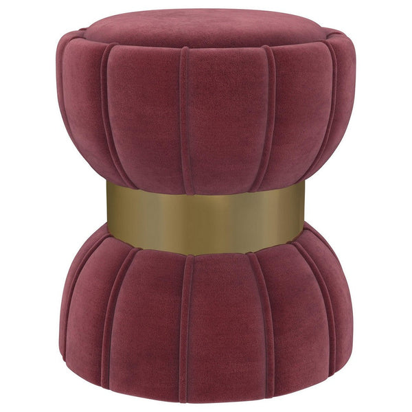 benzara Soraya Ottoman Tufted Red Wine Fabric Round 17 Inch Gold Metal Band -BM329661