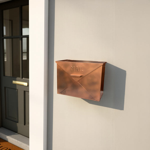 benzara Spacious Envelope Shaped Wall Mount Iron Mail Box Copper Finish - BM15926