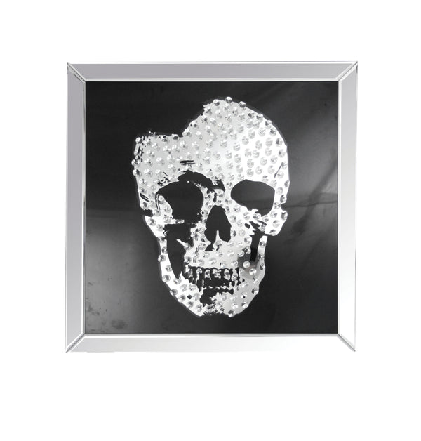 benzara Square Mirror framed Skull Wall Decor with Crystal Inlays Black & Silver - BM184756