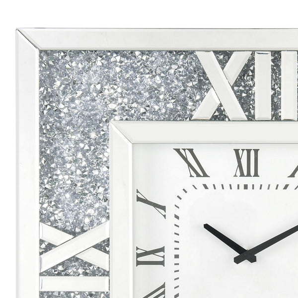 Benzara Square Mirror Panel Frame Wall Clock With Faux Diamond Silver - BM225868