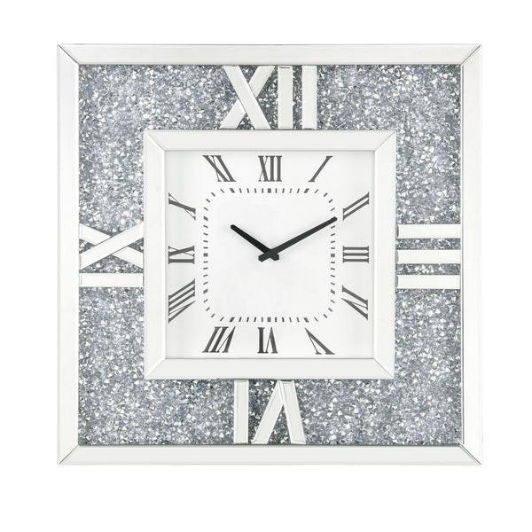 benzara Square Mirror Panel Frame Wall Clock with Faux Diamond Silver - BM225868