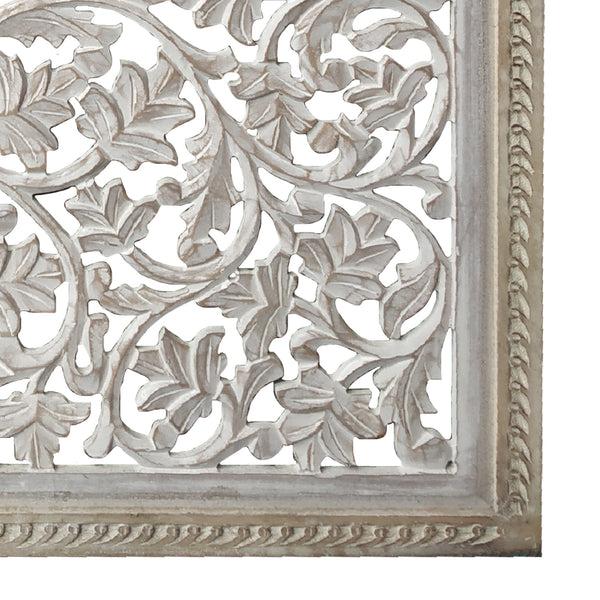 Benzara Square Shape Wooden Wall Panel With Cutout Sprig Pattern Distressed White - BM01911