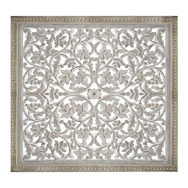 Benzara Square Shape Wooden Wall Panel With Cutout Sprig Pattern Distressed White - BM01911