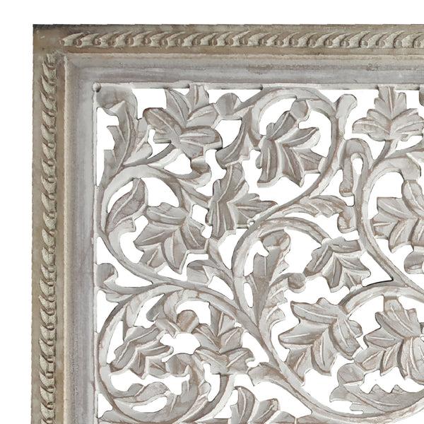 Benzara Square Shape Wooden Wall Panel With Cutout Sprig Pattern Distressed White - BM01911