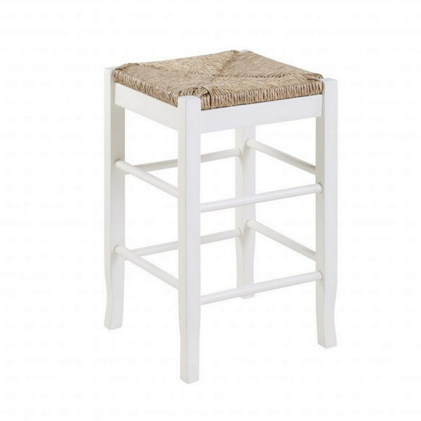 Benzara Square Wooden Frame Counter Stool With Hand Woven Rush White And Brown - BM61433