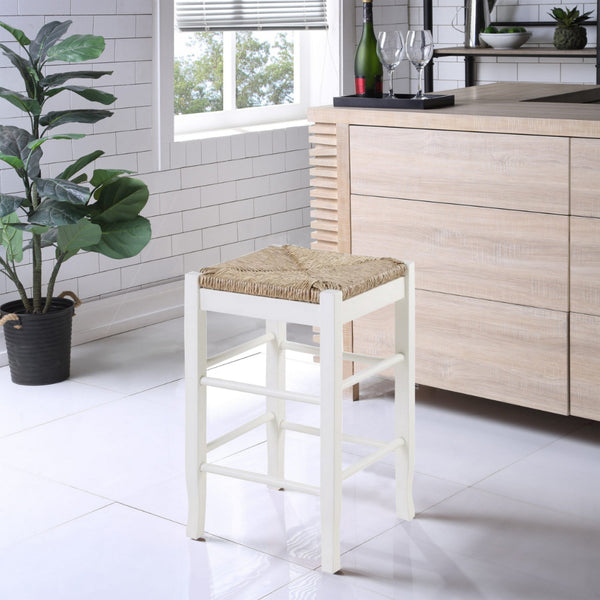 benzara Square Wooden Frame Counter Stool with Hand Woven Rush White and Brown - BM61433
