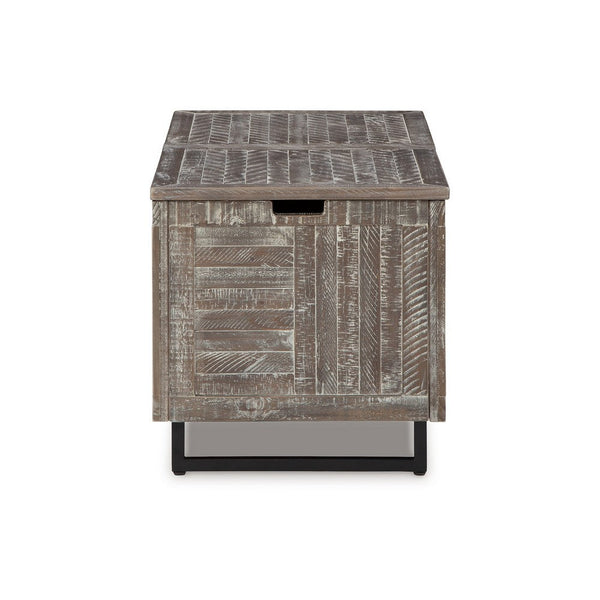 Benzara Storage Trunk Dual Hinged Top Distressed Gray Wood Striped Front -BM327776