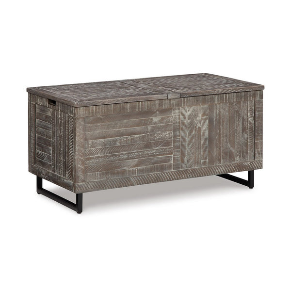 benzara Storage Trunk Dual Hinged Top Distressed Gray Wood Striped Front -BM327776
